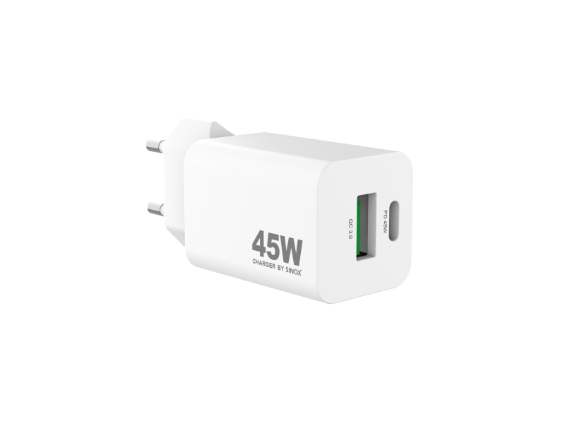 Sinox PRO 230V USB-A+USB-C PD oplader 45W. Hvid, Indendørs, Vekselstrøm, 20 V, Hvid