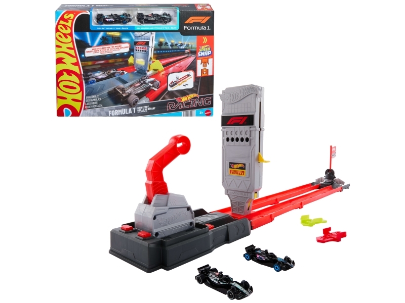 Hot Wheels City Racing Formula 1 Grid Start -ratapakkaus ja 2 metallista F1-autoa 1:64-mittakaavassa, Kilpa-ajoneuvo ja ratasetti, 3 vuosi/vuosia, Muovi, Monivärinen