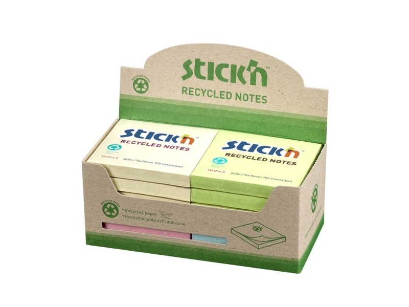 Notes Stick'n Recycled 4 Ass. Farver 76X76mm 100Blade 12Stk