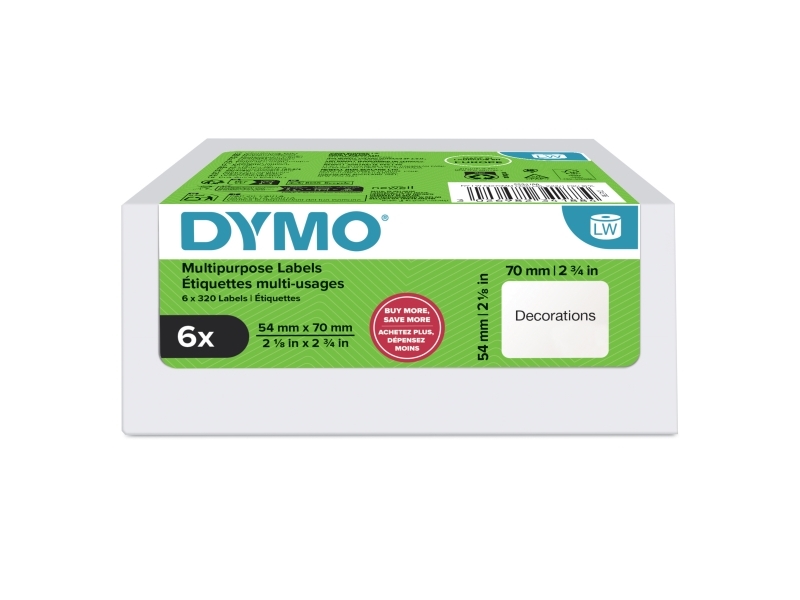 Dymo Lw Multi-Purpose Labels 74X70mm 6 Rolls, Hvid, Selvklæbende Printeretiket, 5,4 Cm, 7 Cm, 1920 Stk, 320 Stk
