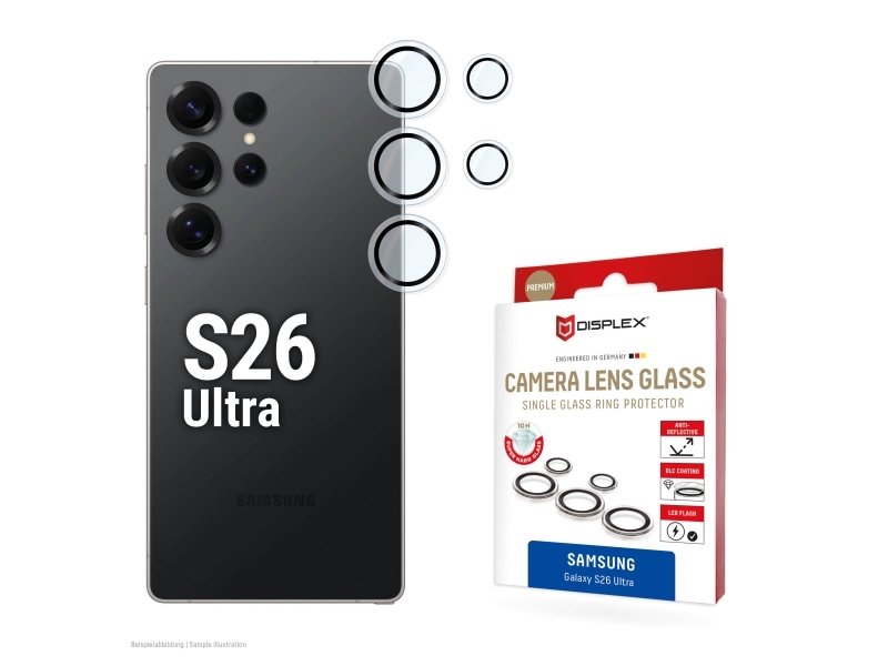 Displex Premium Camera Lens Glass, Samsung S26 Ultra, Einzelringe, Schutzringe, 10H, Transparent, Quick Mount, Samsung, Galaxy S26 Ultra, Staubresist