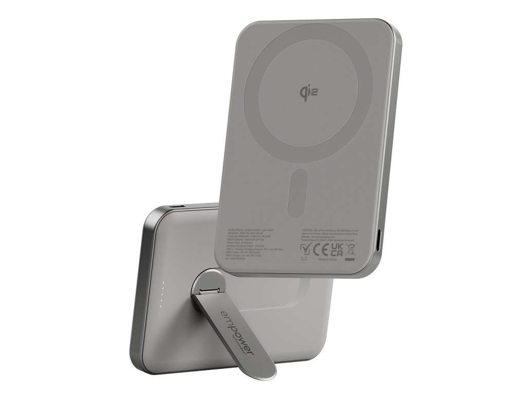 PanzerGlass empower by ® empower Bank m. Spin Stand | 5000mAh | Titanium, Apple, Apple - iPhone 17/16/15/14/13/12, Qi enabled smartphones, Airpods Pro Gen 2/3, Airpods Gen3, Tør påføring, 1 stk