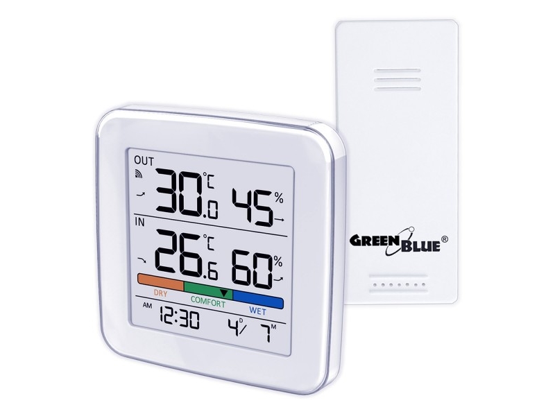 „GreenBlue“ belaidė meteorologinė stotelė, temperatūros + drėgmės įėjimas/išėjimas, laikrodis + žadintuvas + data, °C / °F pasirinkimas, veikimo nuotolis iki 60 m, GB169
