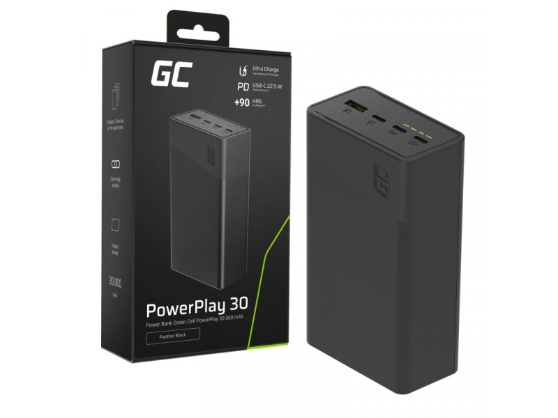 Green Cell Žalias Cell Greencell Powerplay 30 – Juoda Išorinė Baterija Su 30 000 Mah, 22.5 W, 4 Prievadais