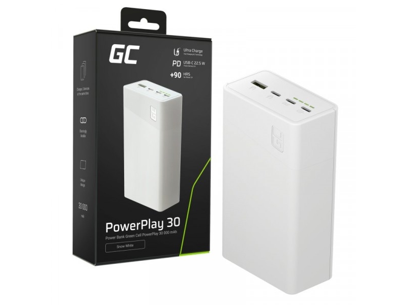 Green Cell Žalias Cell Greencell Powerplay 30 – Balta Išorinė Baterija, Kurios Talpa 30 000 Mah, 22.5 W, 4 Prievadai