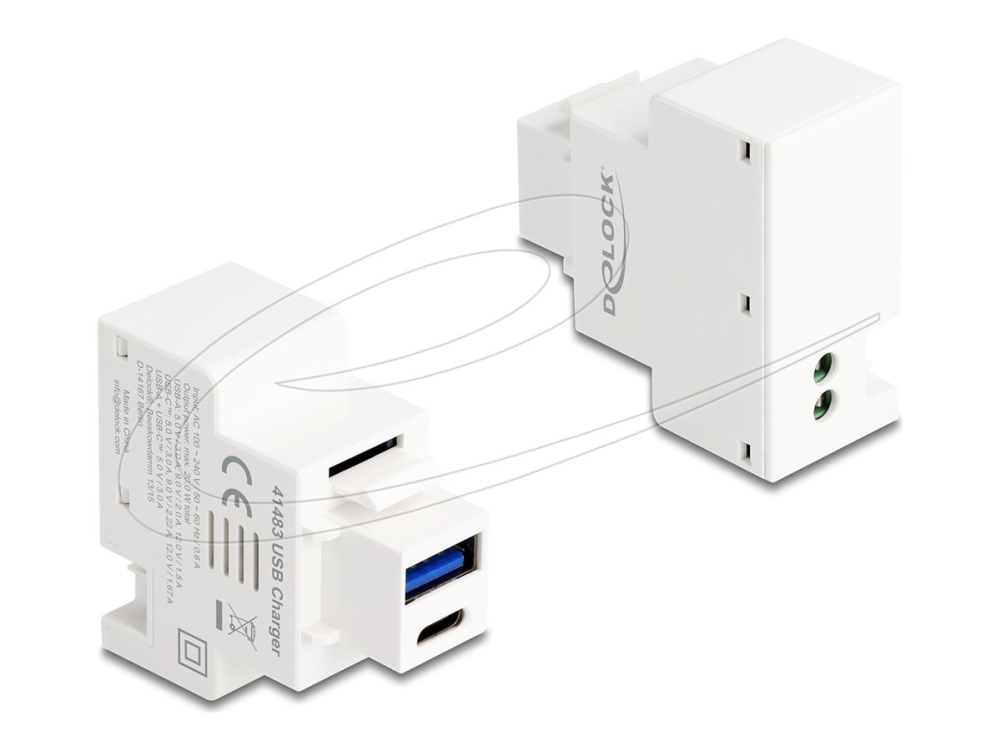 Delock - Snap-in module (keystone) - PD 20 W - USB, USB Type C - 1 USB-sokkel, 1 USB-C-sokkel - 3 A - hvid