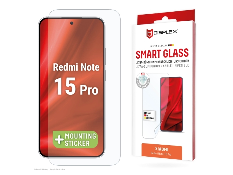 Displex Smart Glass (9H) For Xiaomi Redmi Note 15 Pro, Mounting Sticker, Unbreakable, Xiaomi, Redmi Note 15 Pro, Tør Påføring, Brudsikker, Smudsafvis