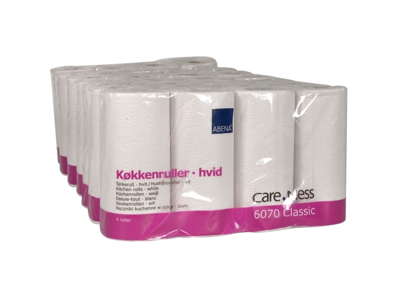 Hushållspapper, ABENA Care-Ness Classic, 2-lagers, 17,85m x 22cm, Ø10,5cm, vit, blandade fibrer - (7 förpackningar x 4 rullar) | Rengöring - Avtorkning - Hushållspapper | GameStuff