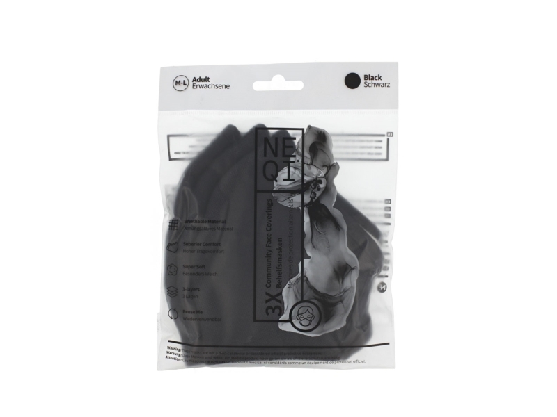 Neqi 3-Layer Adult Mask M-L (Black) 3 Pcs