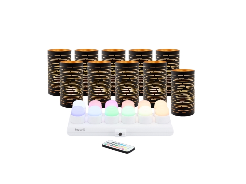 Securit Set 12-Tlg. Corsica Metallkerzenhalter & Led Teelichter, Schwarz/Gold/Bunt