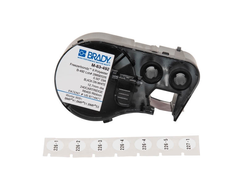 Brady M-83-499, Schwarz, Weiß, Selbstklebendes Druckeretikett, Gestanztes Etikett, Nylon, Wärmeübertragung, Acryl