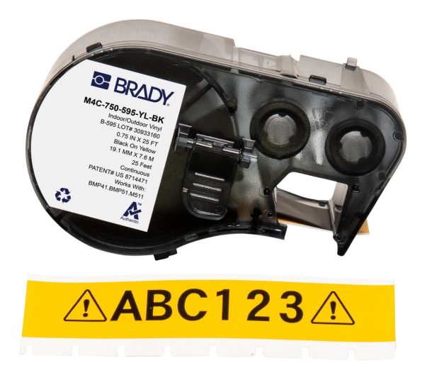 Brady M4C-750-595-YL-BK, Sort, Gul, Selvklæbende printeretiket, Kontinuerlig etiket, Vinyl, Termisk overførsel, Akryl