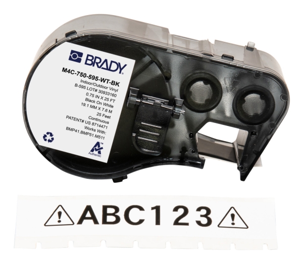 Brady M4c-750-595-Wt-Bk, Schwarz, Weiß, Selbstklebendes Druckeretikett, Etikettenrolle, Vinyl, Wärmeübertragung, Acryl