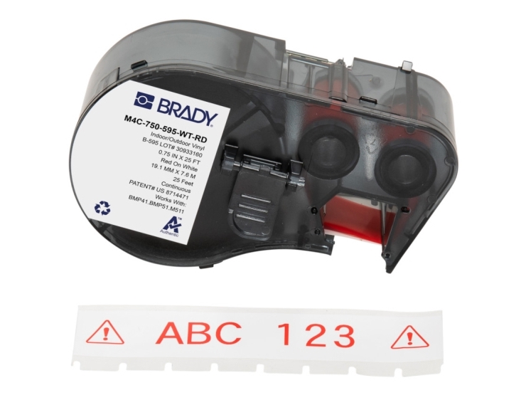 Brady M4c-750-595-Wt-Rd, Rot, Weiß, Selbstklebendes Druckeretikett, Etikettenrolle, Vinyl, Wärmeübertragung, Acryl