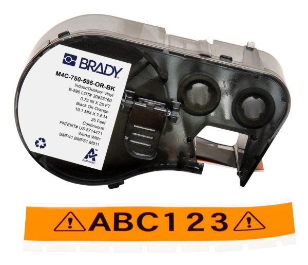 Brady M4c-750-595-Or-Bk, Schwarz, Orange, Selbstklebendes Druckeretikett, Etikettenrolle, Vinyl, Wärmeübertragung, Acryl