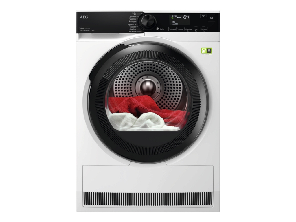 AEG Series 8000 TR8T75780, Vapaasti seisova, Edestä täytettävä, Lämpöpumppu, Valkoinen, Rotaatio, Kosketus, Oikea