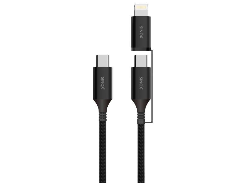 Sinox PRO 2-i-1-kabel med USB-C och Lightning. 1,5 m. Flätad. Svart | Datortillbehör - Kablar & adaptrar - Datakablar | GameStuff