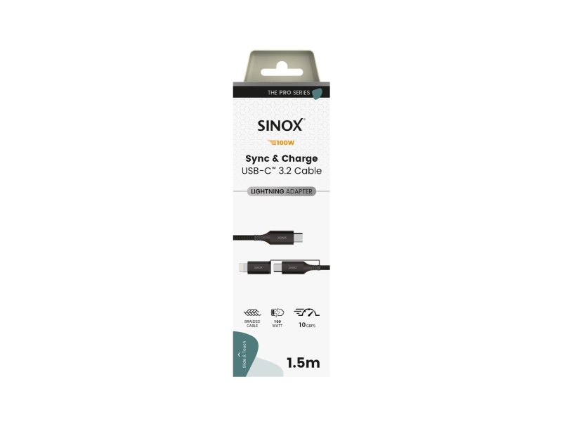 Sinox PRO 2-i-1 kabel med USB-C og Lightning. 1,5m. Braided. Sort