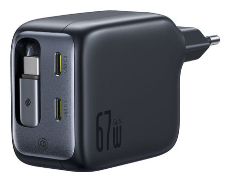Baseus Vægoplader Enercore Cj11 67W 2Xusb-C Med Udtrækkeligt Usb-C-Kabel 0,8 M Sort E0121e00 (6932172696498)