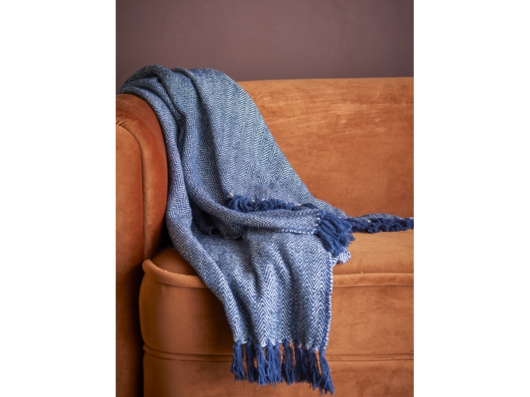 CREATIVE COLLECTION Herringbone Plaid, Blå, Genanvendt Bomuld