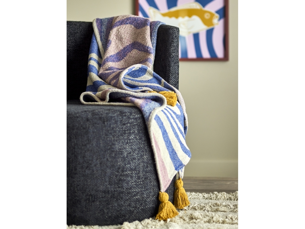 Bloomingville - Arlie Plaid, Blå, Genanvendt Bomuld, L160xW130 cm