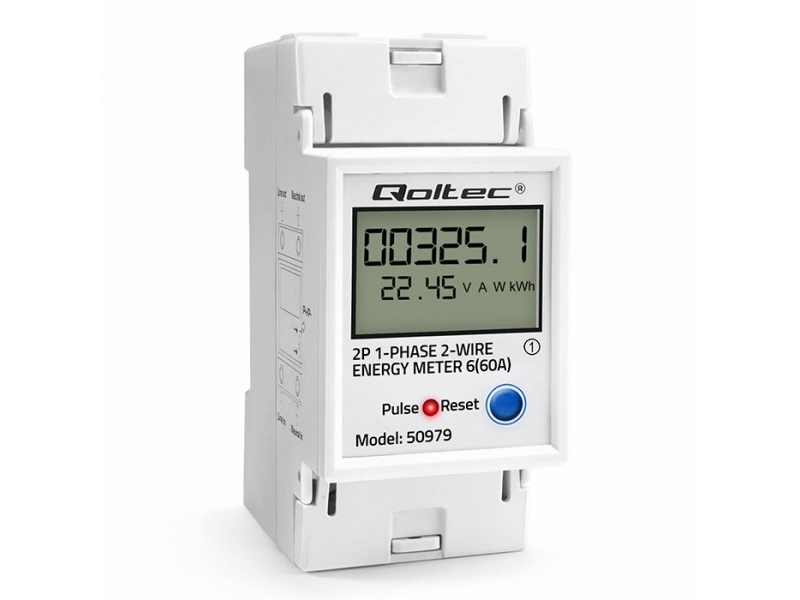 Qoltec enfaset elektronisk energiforbrugsmåler til DIN-skinne | RESET | periodisk og permanent tæller | 230V | 60A | LCD | LED | 2P