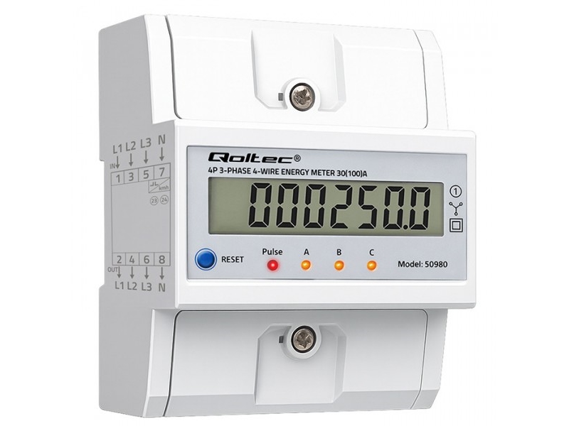 Qoltec kolmivaiheinen elektroninen mittari nollauksella | DIN-kiskoon asennettava energiamittari | 400V | 100A | LCD | LED | 4P
