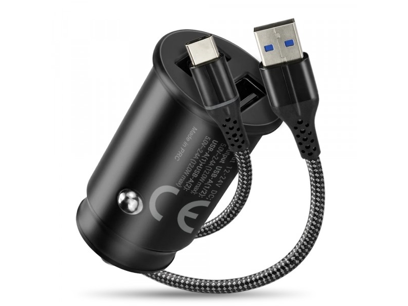 Autoladegerät Everactive Cc-25 12W 2X Usb-A Mit Usb-C-Kabel Led, Schwarz