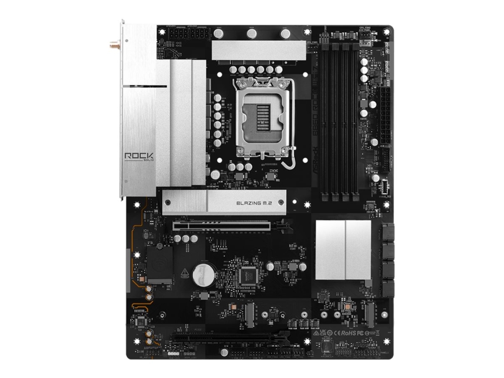 ASRock B860 Rock WiFi 7 - Moderkort - ATX - LGA1851-uttag - B860 Chipuppsättning - USB 3.2 Gen 1, USB-C 3.2 Gen 1 - 2.5 Gigabit LAN, Bluetooth, Wi-Fi 7 - inbyggda grafiken (CPU krävs) - HD-ljud (8 kanaler)