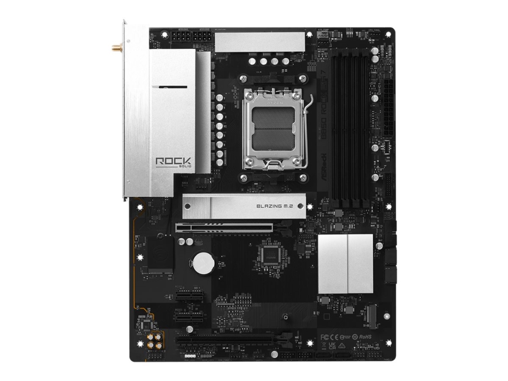 ASRock B850 Rock WiFi 7 - Moderkort - ATX - Socket AM5 - AMD B850 Chipuppsättning - USB-C 3.2 Gen 1, USB 3.2 Gen 1, USB 3.2 Gen 2, USB-C 3.2 Gen2 - 2.5 Gigabit LAN, Bluetooth - inbyggda grafiken (CPU krävs) - HD-ljud (8 kanaler) | Datorkomponenter - Moderkort - Alla Moderkort | GameStuff