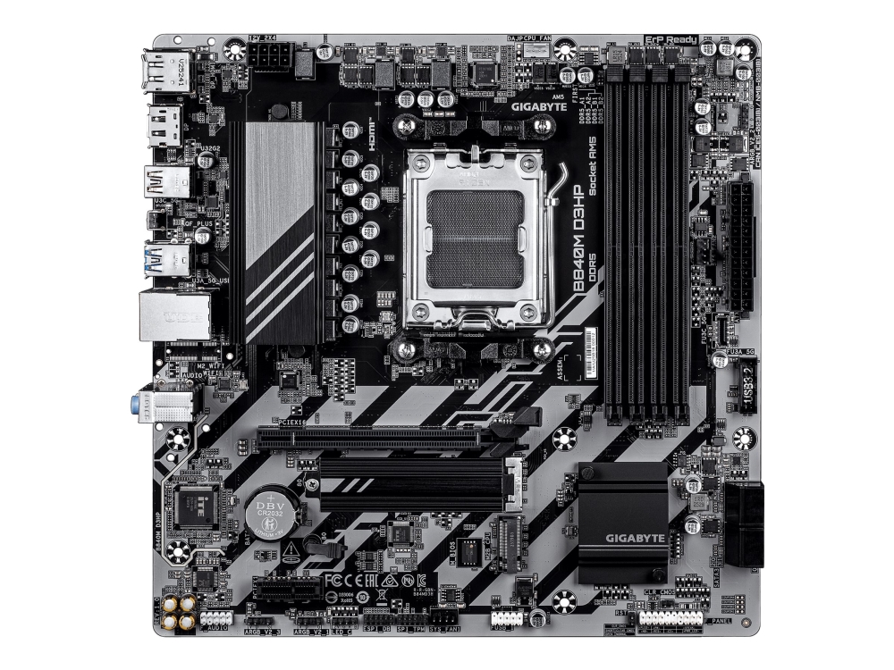 Gigabyte B840m D3hp Mainboard – Amd Ryzen 9000 Cpus, 8+2+2-Phasen-Vrm, Bis Zu 8200 Mhz Ddr5 (O.C.), 2× Pcie-4.0-M.2, 1-Gbe-Lan, Usb 3.2 Gen 2, Amd, S