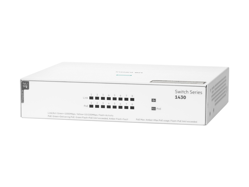 HPE Networking Instant On 1430 8G Class4 PoE 64W Switch - Switch - ohanterad - 8 x 10/100/1000 (PoE Class 4) - skrivbordsmodell, rackmonterbar, väggmonterbar - PoE (64 W) - BTO | Datortillbehör - Nätverk - Switchar | GameStuff