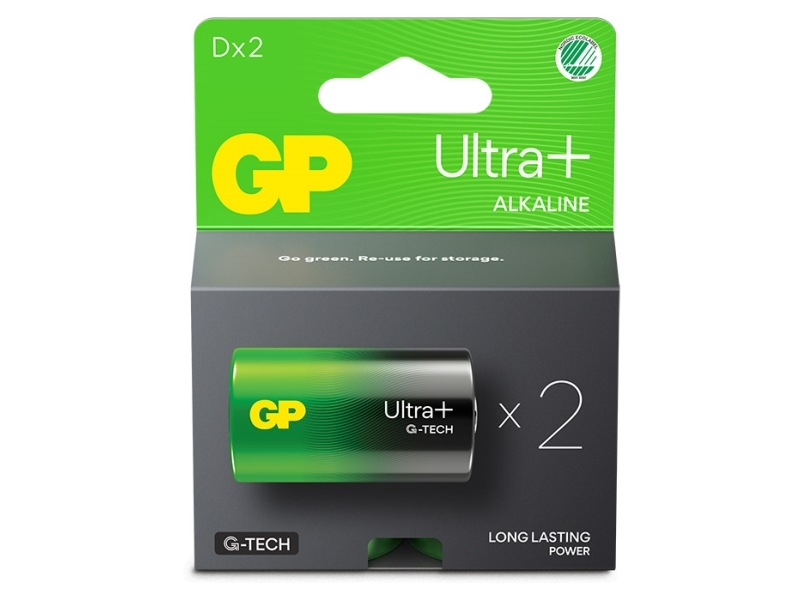 GP Ultra Plus Alkaline D batteri, 13AUP/LR20, 2-pak