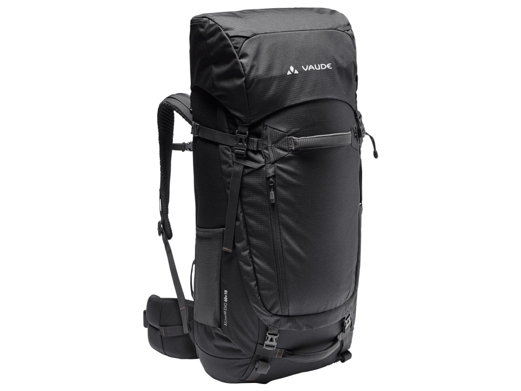 Vaude Astrum Evo 60+10, Rammeløs, Front, Vandring, Sort, Polyester, Polyurethan (Pu), Polyester, Polyurethan