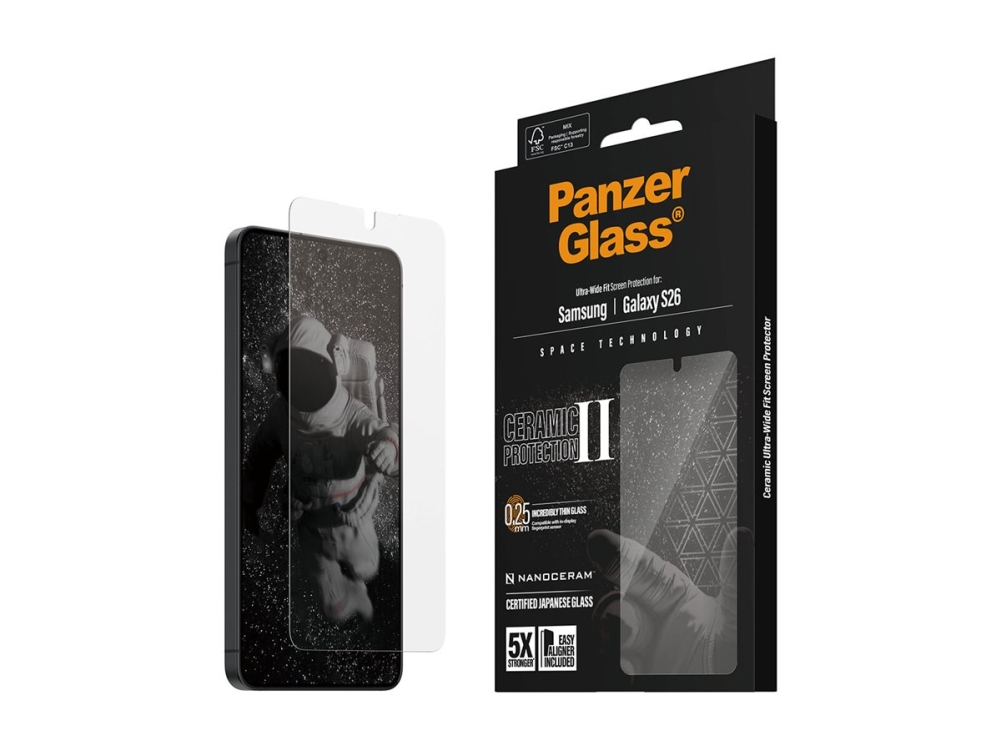 PanzerGlass - Skærmbeskytter for mobiltelefon - ultrabred pasform med EasyAligner - glas - klar - for Samsung Galaxy S26