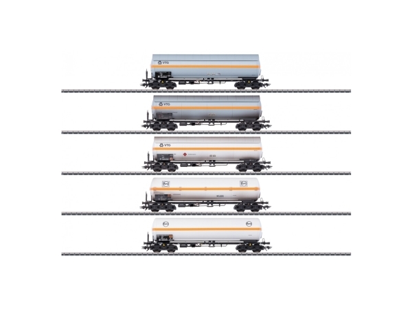 Märklin VTG ja Eva paineistettu kaasusäiliövaunusarja, Polttoainesäiliö, Kokoonpanosarja, Viisi 4-akselista paineistettua kaasusäiliövaunua lämpösuojilla ja ilman, Poika/Tyttö, Harmaa, Keltainen, Akku