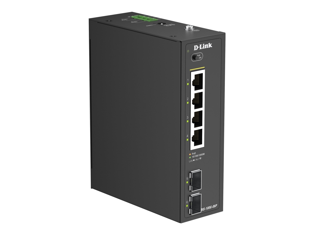 D-Link Dis 100G-06P - Switch - Industriel - Ikke Administreret - 4 X 10/100/1000 (Poe) + 2 X Gigabit Sfp - Din Monterbar På Skinne