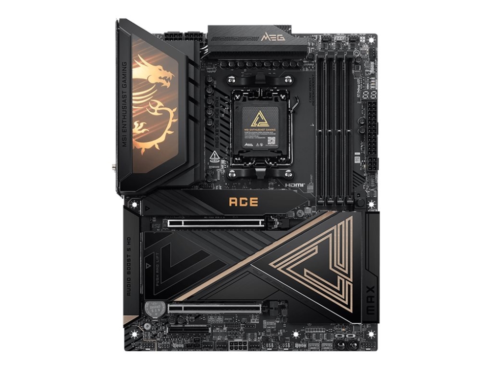 MSI MEG X870E ACE MAX - Bundkort - ATX - Socket AM5 - AMD X870E Chipset - USB4, USB-C 3.2 Gen 2x2, USB-C 3.2 Gen2, USB 3.2 Gen 2, USB 3.2 Gen 1 - 5 Gigabit Ethernet, 10 Gigabit LAN, Wi-Fi 7, Bluetooth - onboard grafik (CPU påkrævet) - HD Audio (8-kanaler)