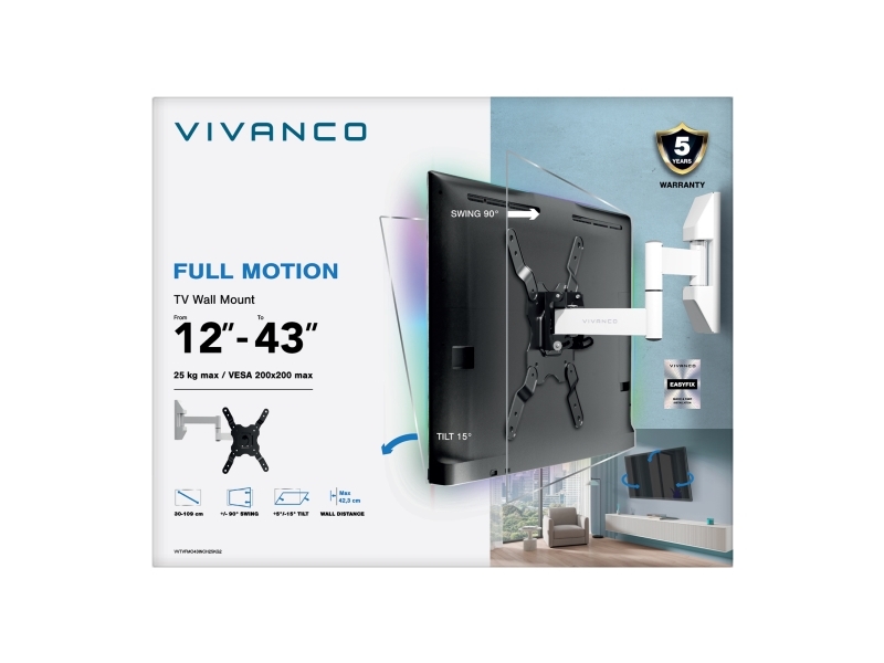 Vivanco VVTVFMO43INCH25KG2, 109,2 cm (43), 25 kg, 75 x 75 mm, 200 x 200 mm, -15 - 5°, Sort, Hvid