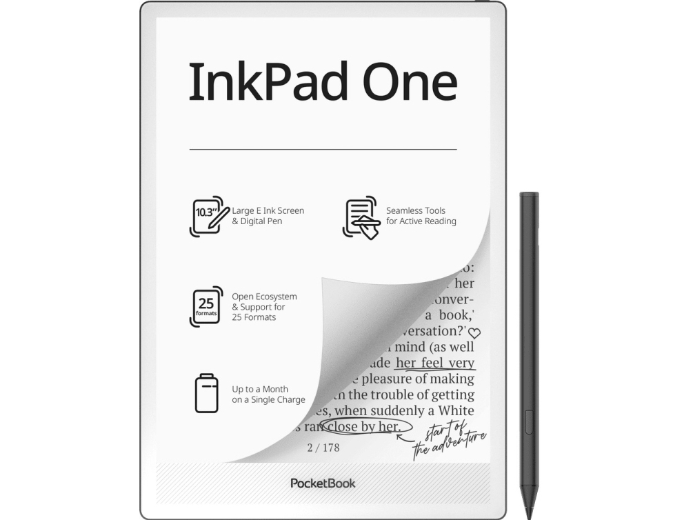 PocketBook InkPad One, 26,2 cm (10.3), E Ink Mobius, 1404 x 1872 pixel, ACSM, AZW, AZW3, CBR, CBZ, CHM, DOC, DOCX, DjVu, EPUB, FB2, FB2.ZIP, HTM, HTML, MOBI, PDF, PRC,..., MP3, OGG, FLAC, JPEG, BMP, PNG, TIFF