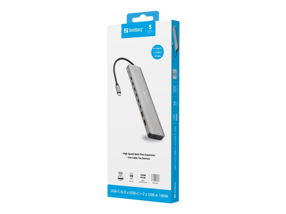 Sandberg USB-C to 8xUSB-C2xUSB-A 100W USB-Hubs - 10 - Grau - Bild 3