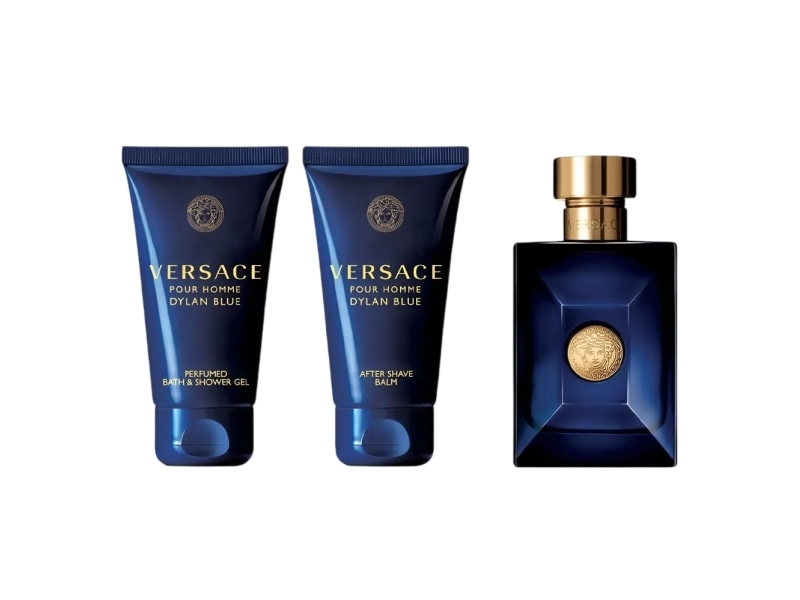 Set Versace: Dylan Blue, Calming, After-Shave Balm, 50 ml + Dylan Blue, Shower Gel, For All Skin Types, 50 ml + Dylan Blue, Eau De Toilette, For Men, 50 ml