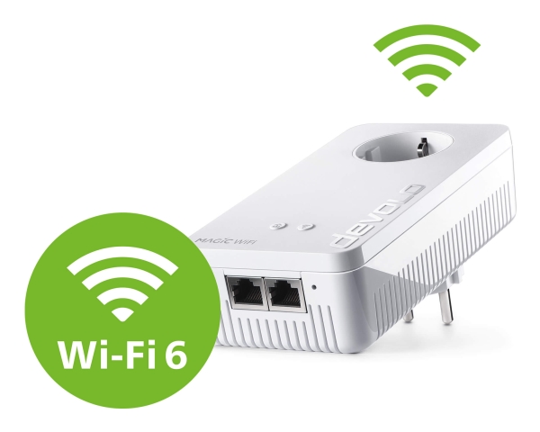 Devolo Magic 2 WiFi 6 next, 3000 Mbit/s, IEEE 802.3u, IEEE 802.11a, IEEE 802.11b, IEEE 802.11g, IEEE 802.11n, IEEE 802.11ac, IEEE 802.11ax,..., Type F, Gigabit Ethernet, 10,100,1000 Mbit/s, Wi-Fi 6 (802.11ax)