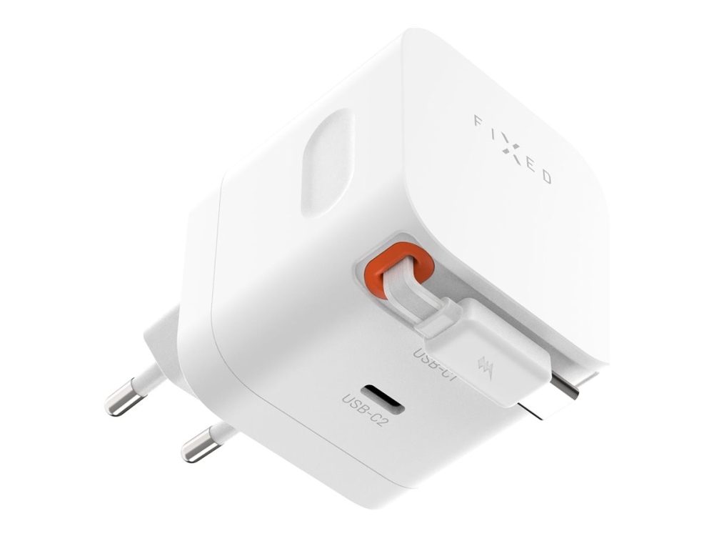 Fixed - Strømforsyningsadapter - With Retractable Cable, Gan - 65 Watt - 3.25 A - Power Delivery 3.0 + Pps - 2 Output-Stikforbindelser (Usb-C) - Hvid