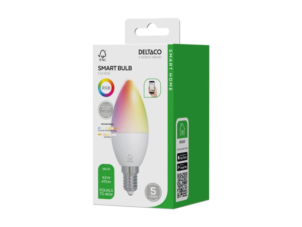 Deltaco Smart - Led-Lyspære - Form: C37 - E14 - 4.9 W - Klasse F - Rgb/Hvidt Lys - 2700-6500 K - Hvid