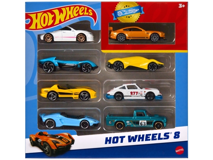 Hot Wheels , sæt med 8 Basic-legetøjsbiler og -lastbiler i størrelsesforholdet 1:64, indeholder 1 eksklusiv bil, design kan variere, Køretøjssæt, 3 År, Plast, Metal, Flerfarvet