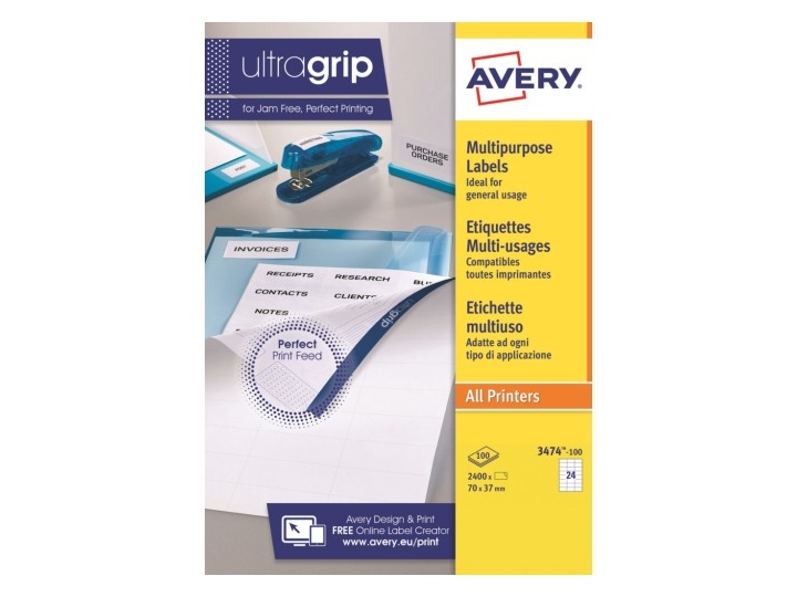 Avery 3474-100, Laser/inkjet print, A4 (210x297 mm), 100 ark, Hvid, 37 x 70mm