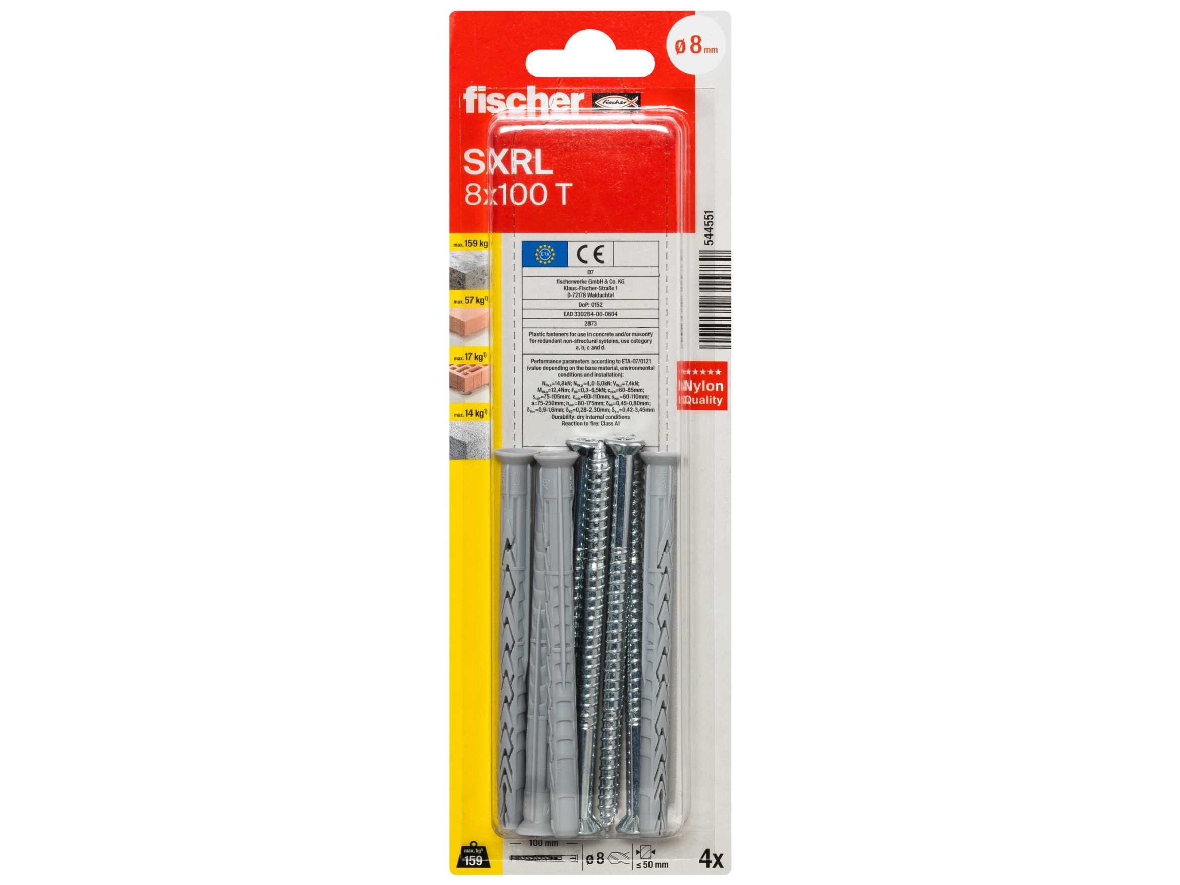 Fischer Sxrl 8 X 100 T K Nv Dyvel Med Langt Skaft 100 Mm 544551 1 Sæt, 4 Stk