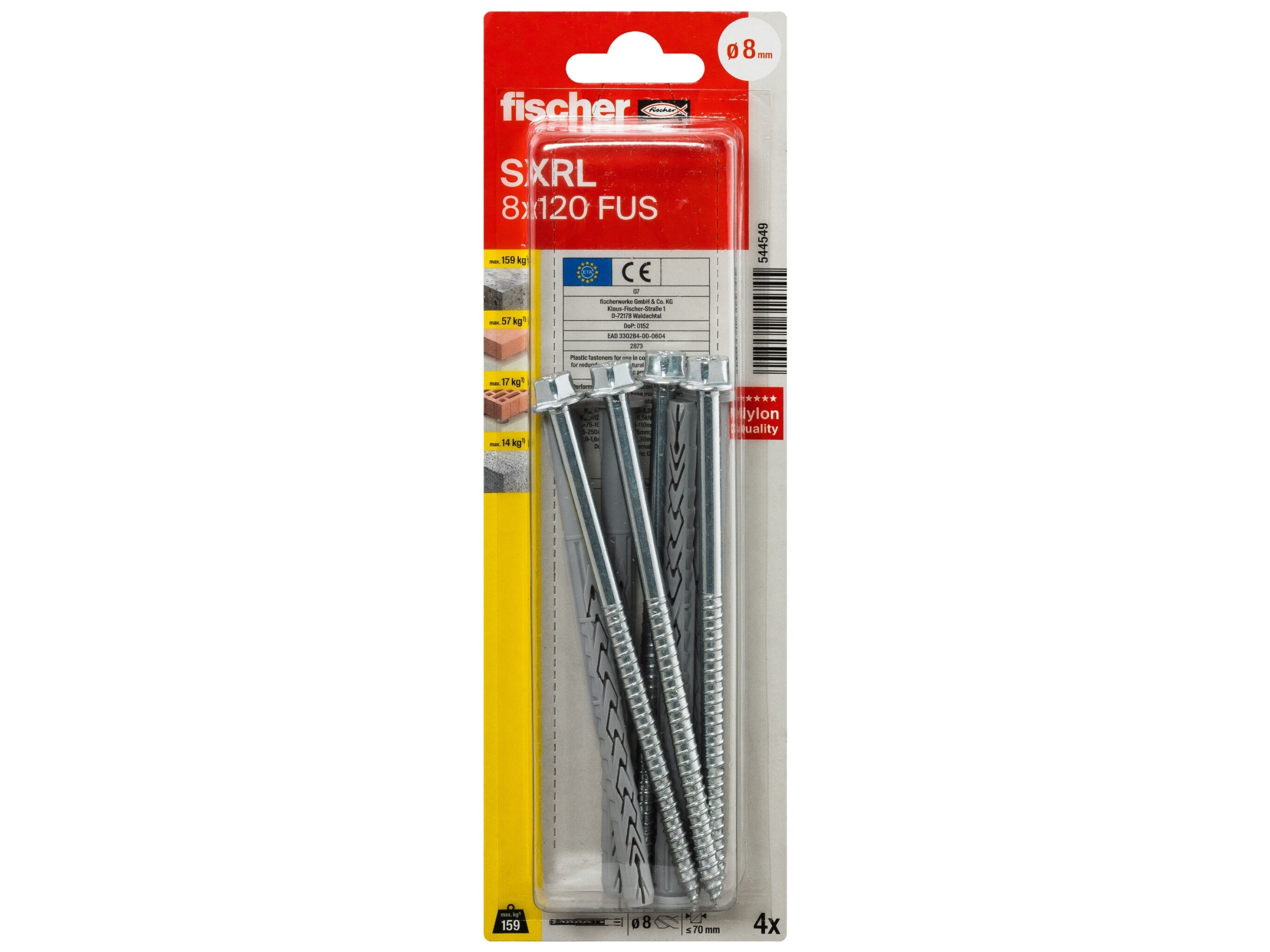 Fischer Sxrl 8 X 120 Fus K Nv Dyvel Med Langt Skaft Mm 544549 1 Sæt, 4 Stk