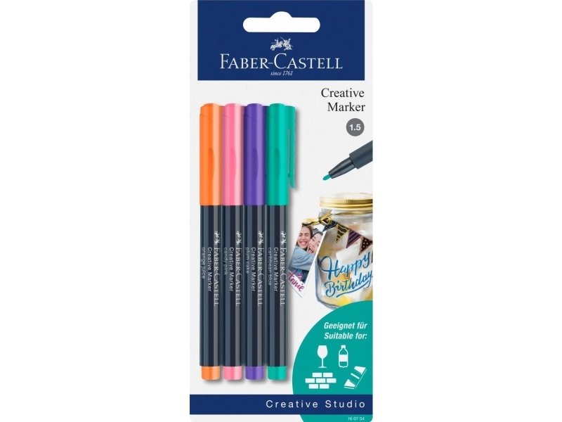 Faber-Castell 160704, 4 stk, Blå, Orange, Lyserød, Violet, Flerfarvet, orange juice, candy pink, plum cake, caribbean blue, Rund, Blister